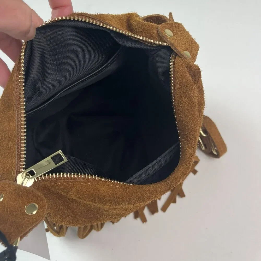 NWT Marlon Italy Suede Leather Fringe Hobo Bag Brown Western Cowgirl Festival